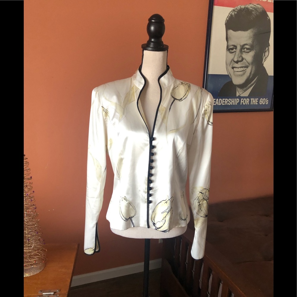 JS Collections White Satin Floral Trim Button Jacket
